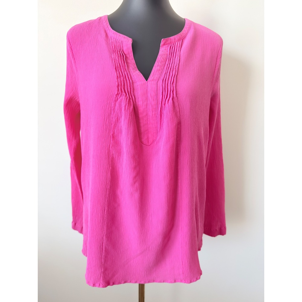 Vineyard Vines Pink Silk Cotton Pintuck Blouse Long Sleeve Split Neck Large